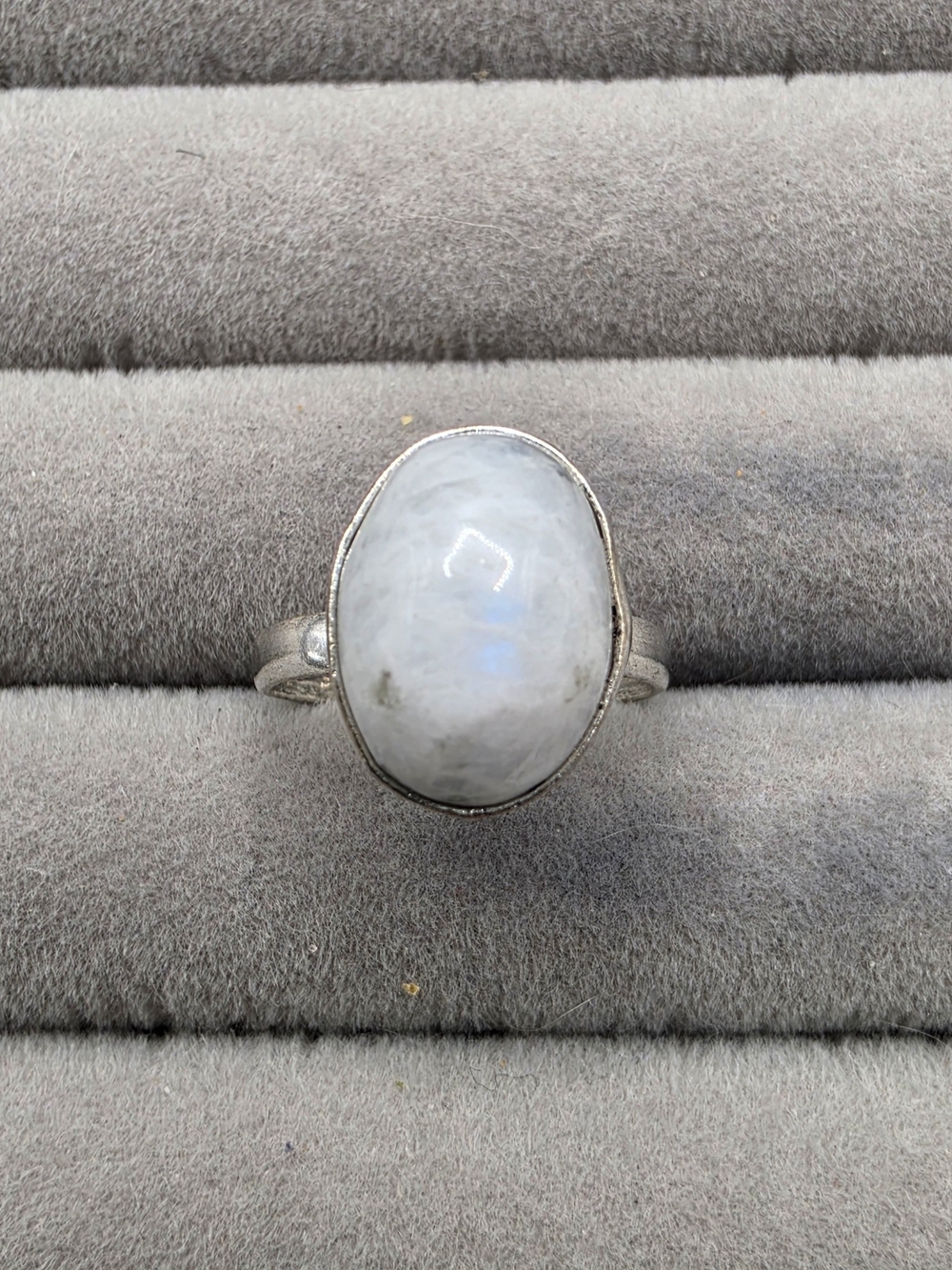 Moonstone Oval Silver Plated Ring Size 7 1/2 - White/Blue Sheen